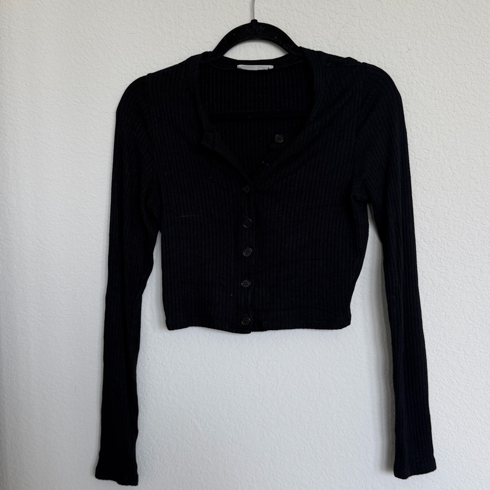 Reformation Black Ribbed Cropped Button-Up Cardigan